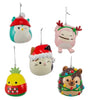 Blow mold Squishmallow ornament. One ornament is Winston the teal owl. One ornament is Cam the calico cat. One ornament is Hans the brown hedgehog. One ornament is Maui the yellow pineapple. One ornament is Brina the pink bigfoot.