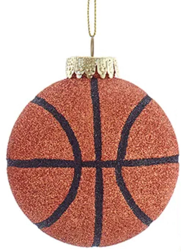 Ornament shaped like a basketball with orange and black glitter.