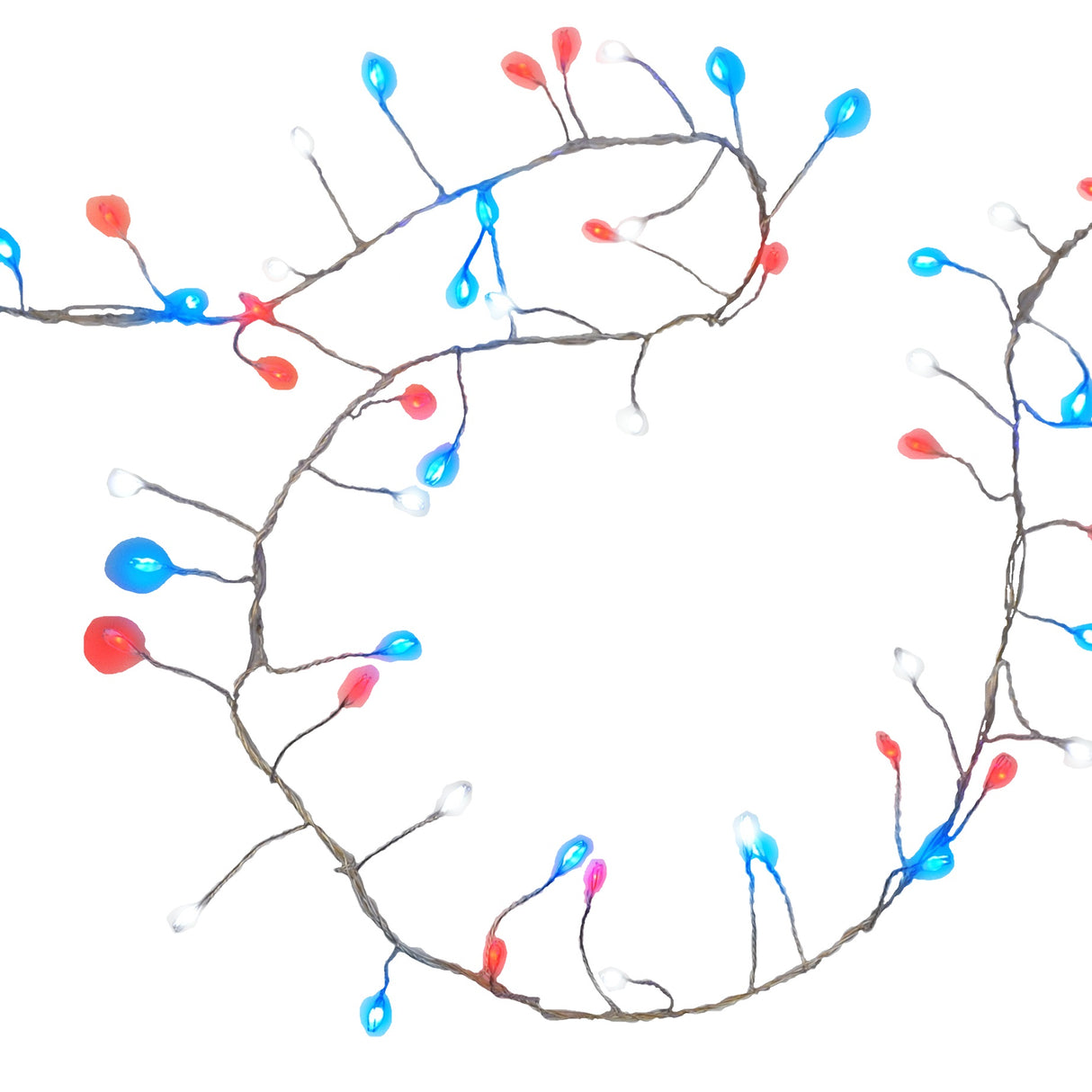 Battery operated lights that go from warm white to red, white and blue.