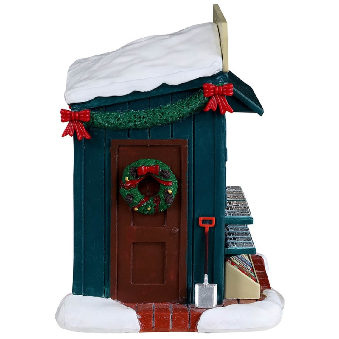 Resin village accent for a Lemax display. Designed to look like a newspaper stand decorated for Christmas. The vendor inside is wearing a winter hat, scarf and coat and is drinking from a white cup.