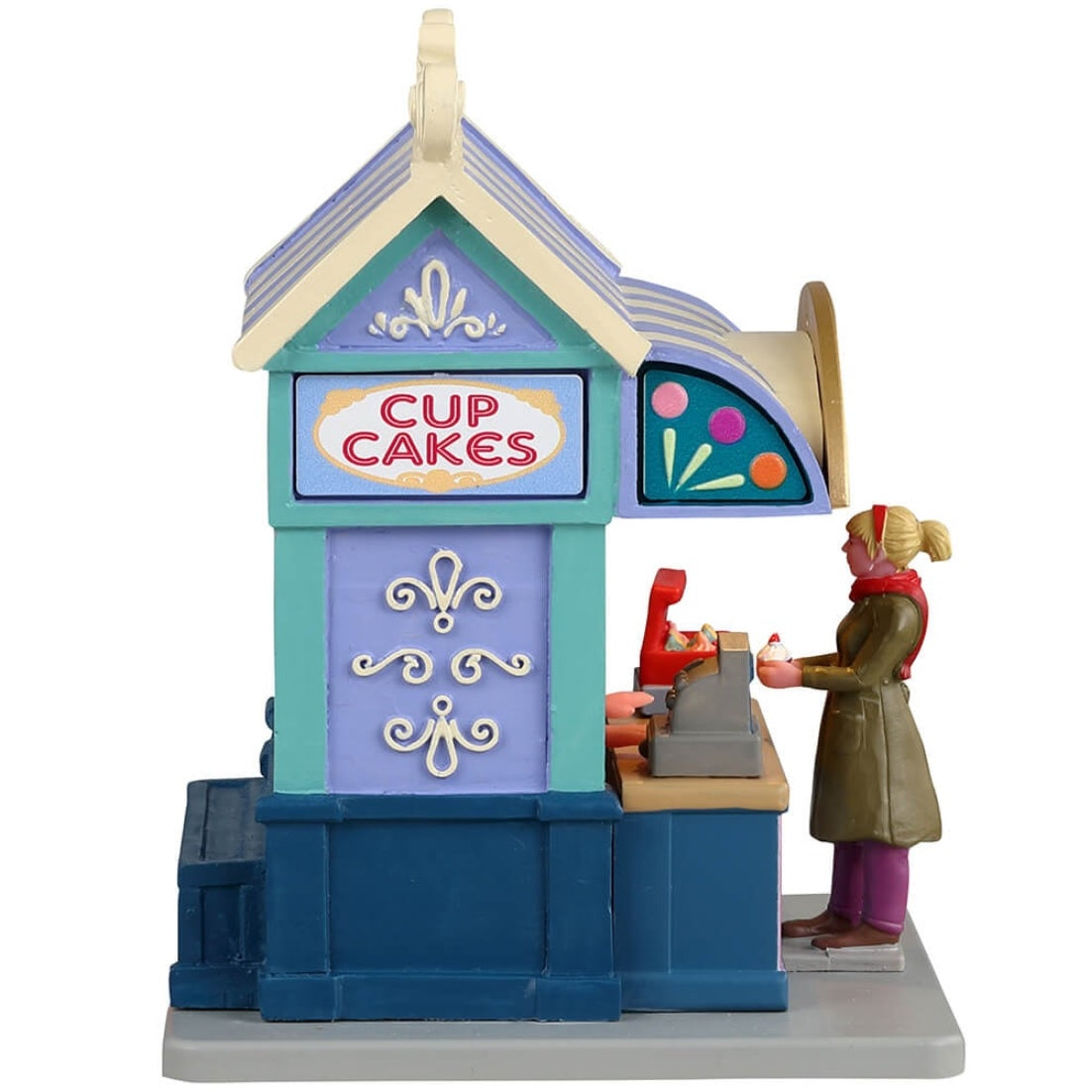 Resin village accent for a Lemax display. Designed to look like a cupcake vendor booth. It's run by Rosette and it's sweets to go. The colors of the booth are light purple, tan, pink, light blue and dark blue.