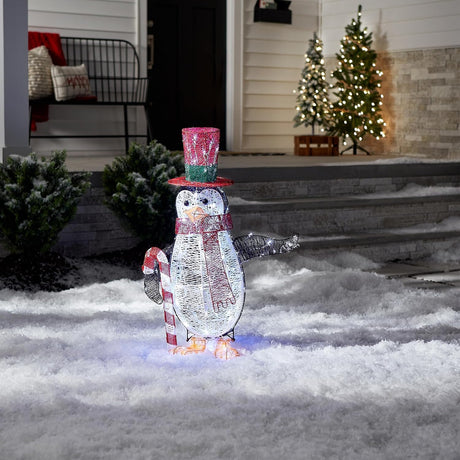 36" LED Acrylic Penguin Holding Candy Cane Outdoor Decoration