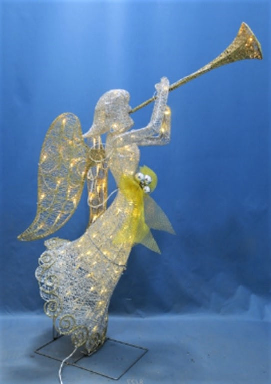 48" Silver Sisal LED Angel with Trumpet Lighted Sculpture