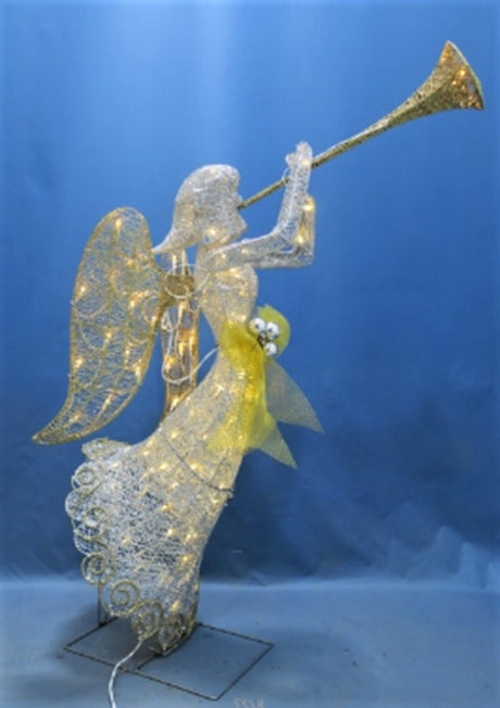 48" Silver Sisal LED Angel with Trumpet Lighted Sculpture