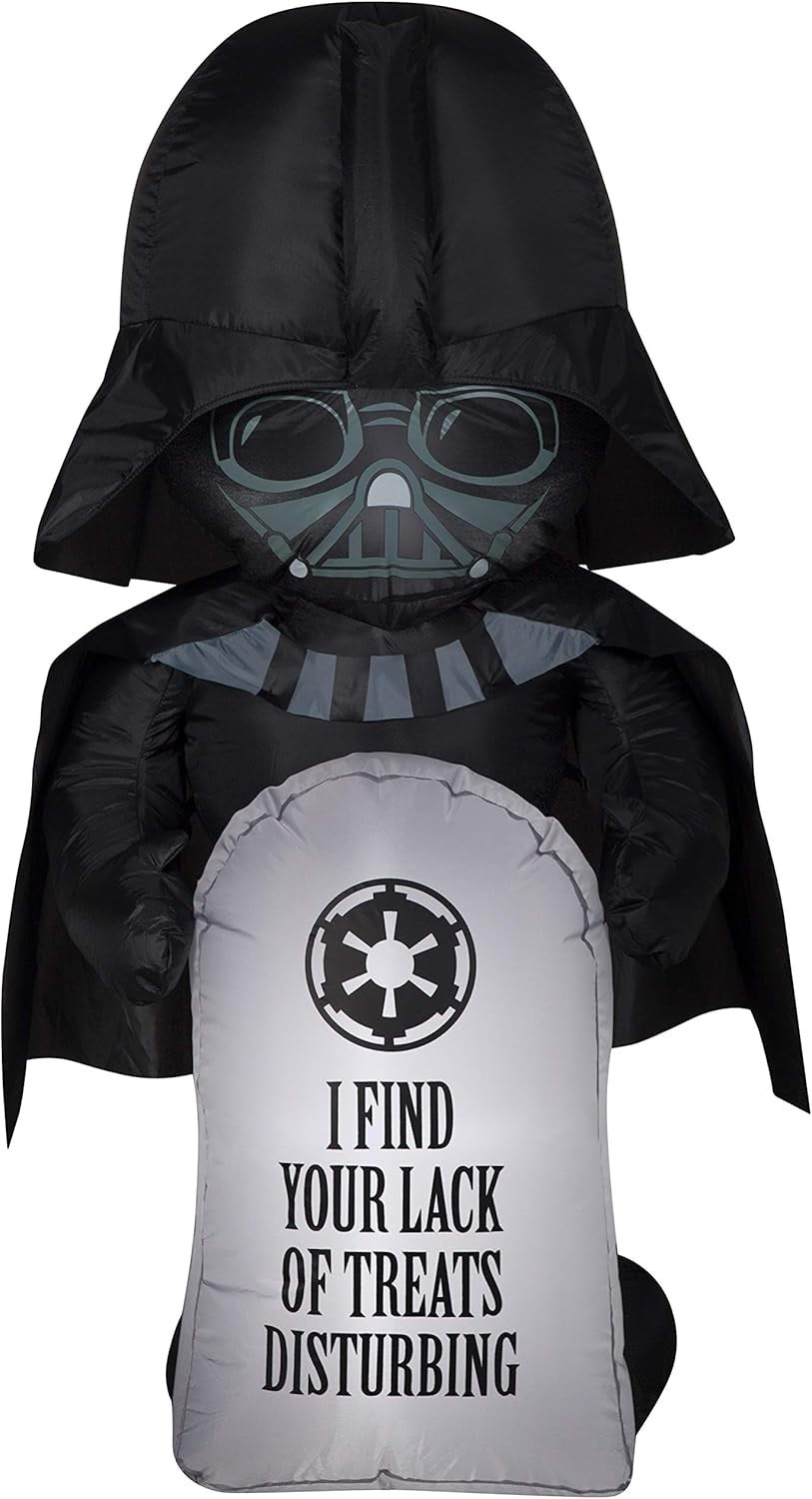 Halloween inflatable shaped like Darth Vader from the Star Wars universe. He's holding a tombstone that reads "I find your lack of treats disturbing." It also features the Galactic Republic's crest logo.
