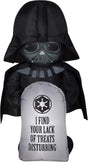 Halloween inflatable shaped like Darth Vader from the Star Wars universe. He's holding a tombstone that reads "I find your lack of treats disturbing." It also features the Galactic Republic's crest logo.