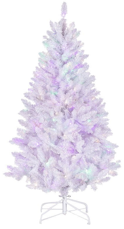 White artificial tree pre-lit with dual lights. Lights change from clear to multi-colored.
