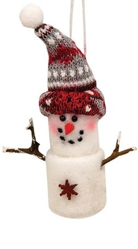 Marshmallow snowman ornament. One snowman is wearing a red knitted hat. One snowman is wearing a gray knitted hat. Both feature details like smiling faces with rosy cheeks, twig arms and snowflake charms.