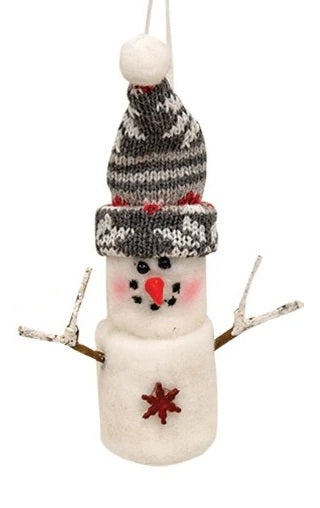 Marshmallow snowman ornament. One snowman is wearing a red knitted hat. One snowman is wearing a gray knitted hat. Both feature details like smiling faces with rosy cheeks, twig arms and snowflake charms.
