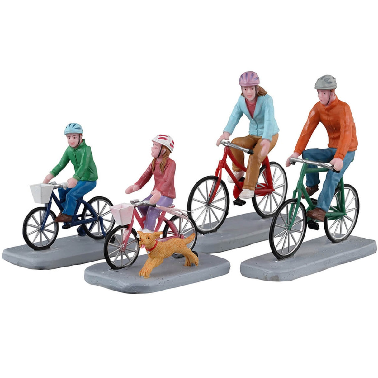 Resin figurines for a Lemax display. Designed to look like a mom and a dad on a bike ride with their son and daughter. There's a dog running alongside them. They're all wearing long sleeves and helmets.