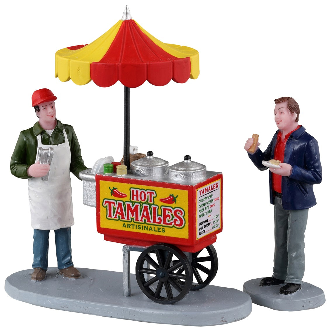 Resin figurines for a Lemax display. Designed to look like a hot tamale vendor serving a man a tamale from a cart.