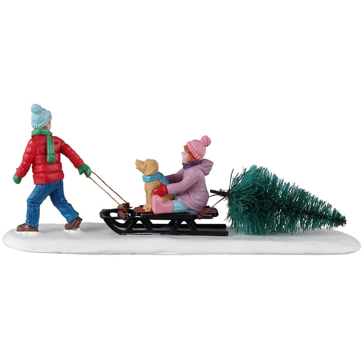 Resin village accent for a Lemax display. Designed to look like a young boy dragging a sled with a young girl and a little dog on it. The sled is also dragging a tree.