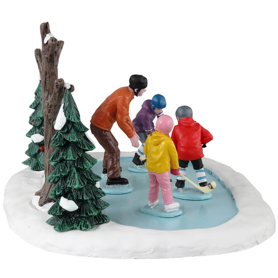 Resin village accent for a Lemax display. Designed to look like a teacher helping three kids learn how to play hockey.