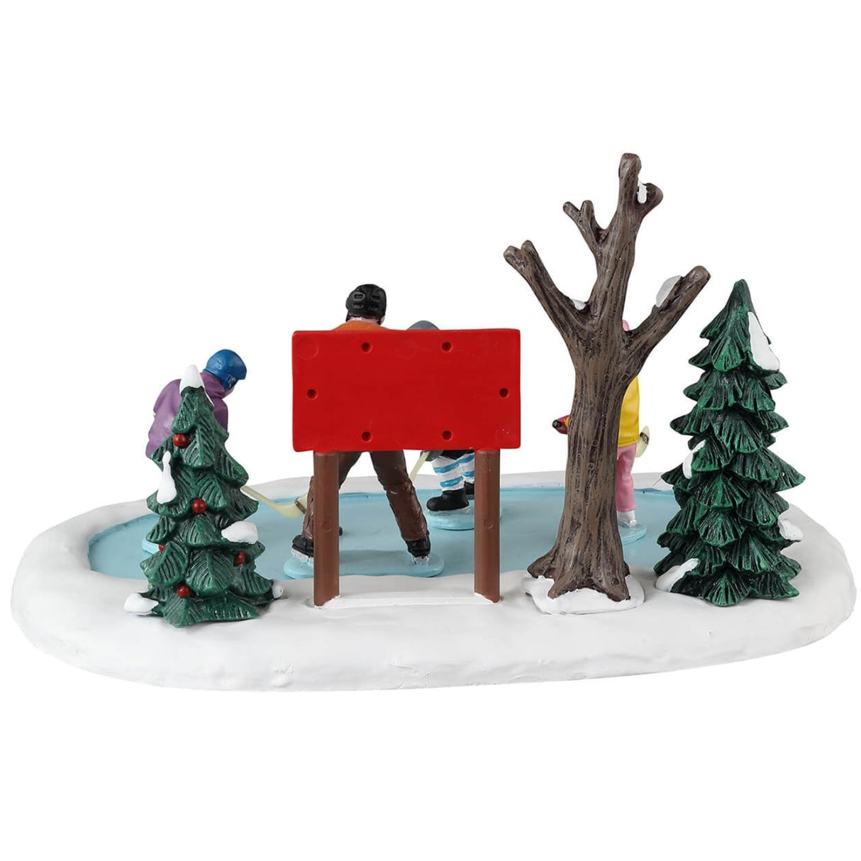 Resin village accent for a Lemax display. Designed to look like a teacher helping three kids learn how to play hockey.