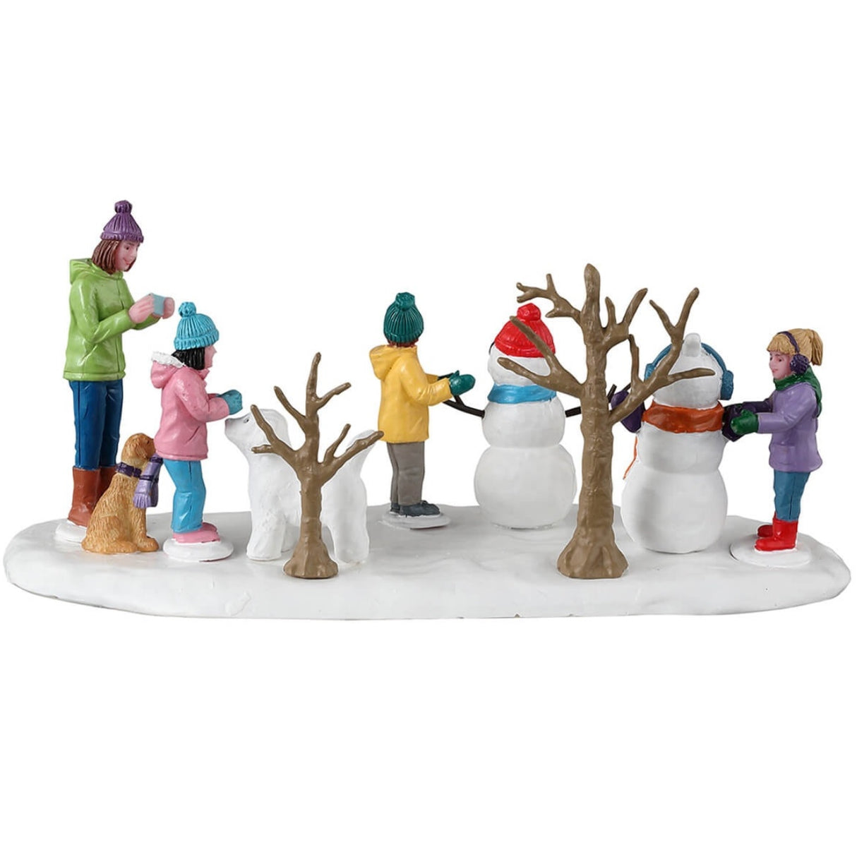 Resin village accent for a Lemax display. Designed to look like a group of people putting clothes on snowmen.
