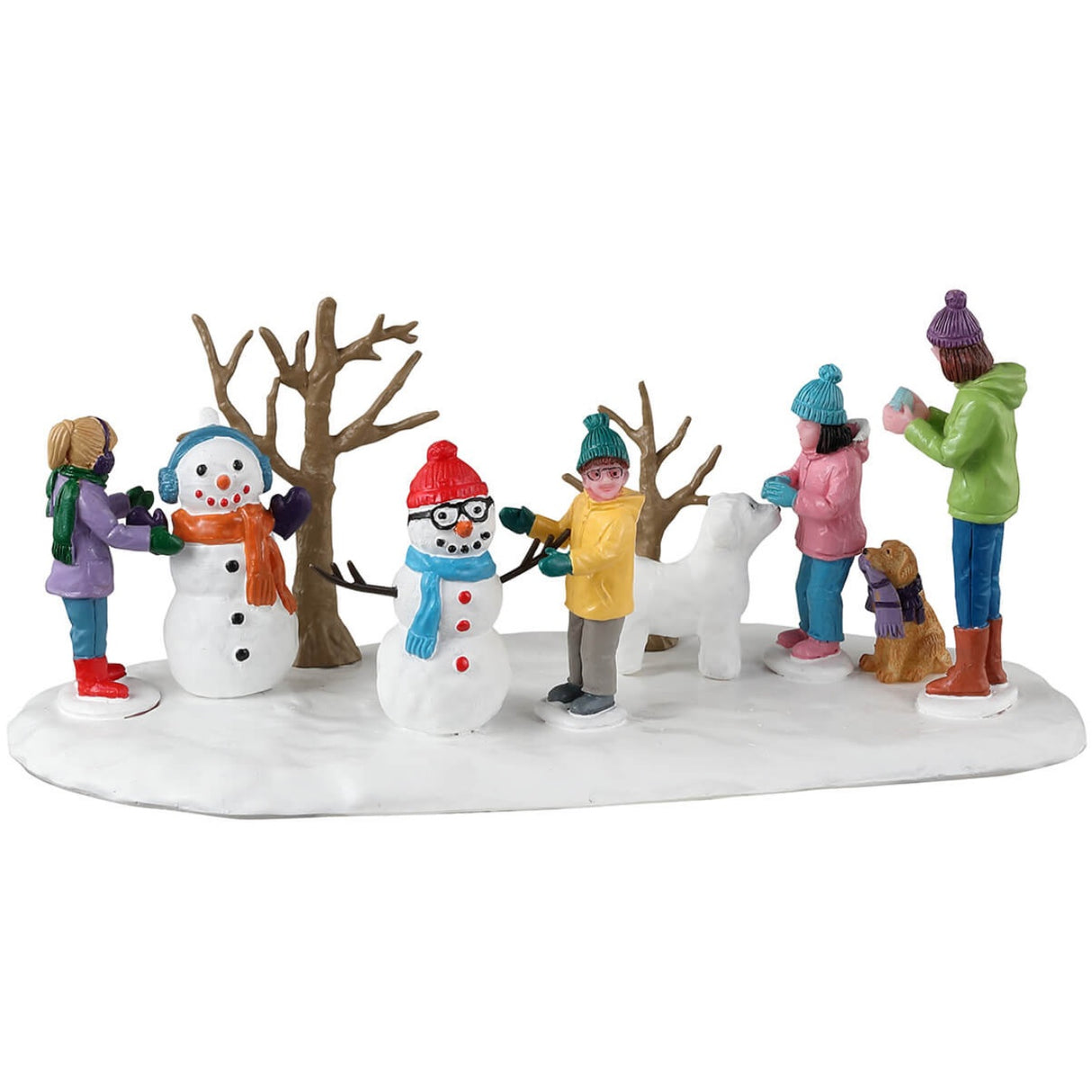 Resin village accent for a Lemax display. Designed to look like a group of people putting clothes on snowmen.