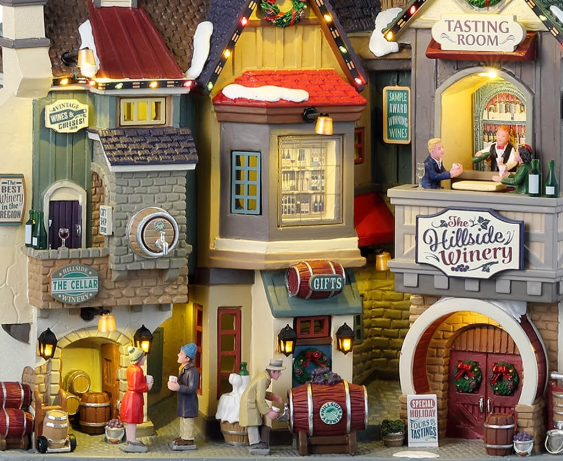 Resin lighted building for a Lemax display. Designed to look like a a winery decorated for Christmas.