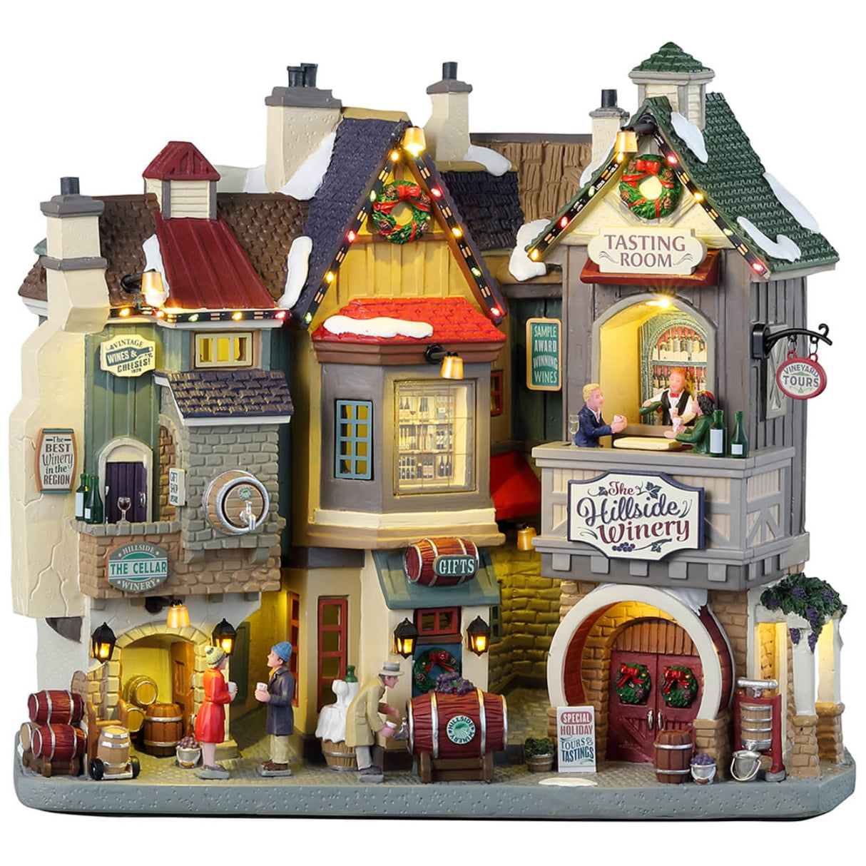 Resin lighted building for a Lemax display. Designed to look like a winery decorated for Christmas. There's a cellar, a gift shop, a tasting room and the winery.