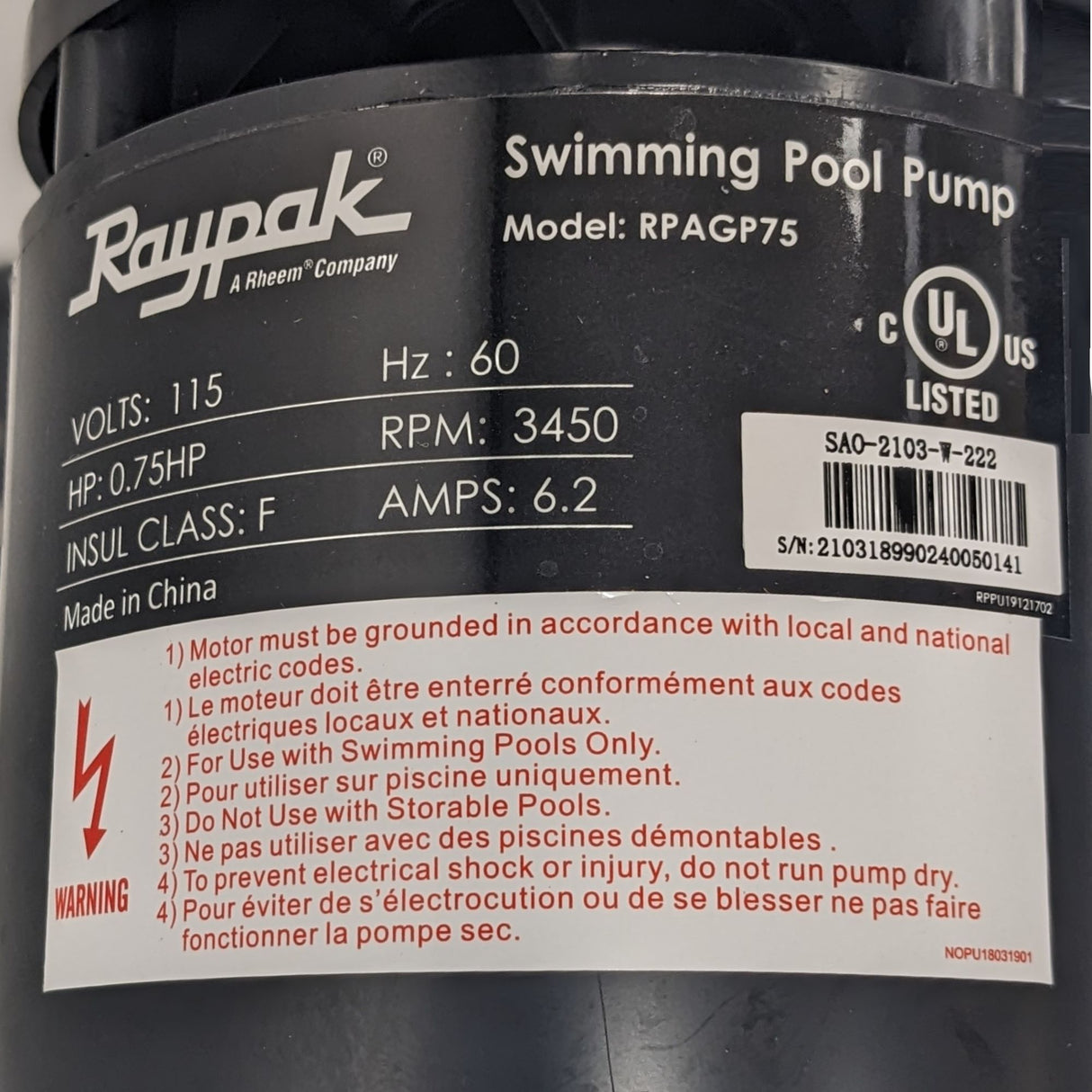 Raypak 3/4 HP Above Ground Pool Constant Speed Pump 110/115V with Twist Lock Cord