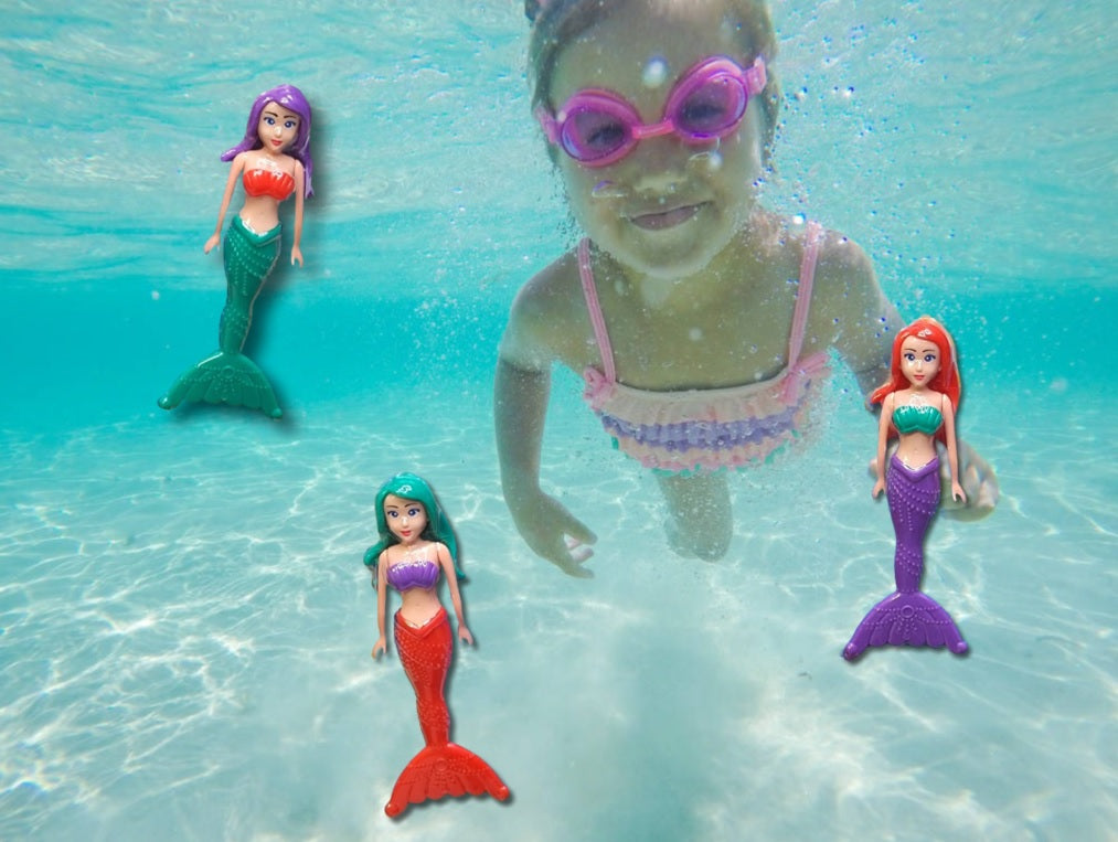 Pool diving toys shaped like mermaids. One mermaid has teal hair, a purple bra and a red tail. One mermaid has red hair, a teal bra and a purple tail. One mermaid has purple hair, a red bra and a teal tail. You get all three in a pack.