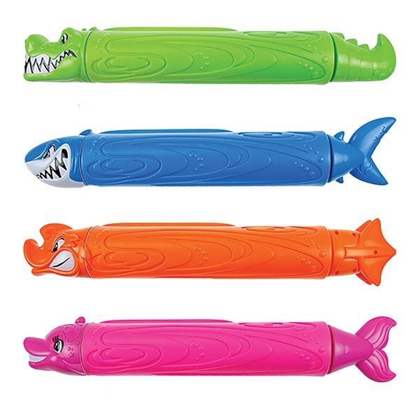 Water gun shaped like an underwater creature. One is a lime green crocodile, one is a blue shark, one is an orange angry fish and one is a pink dolphin.