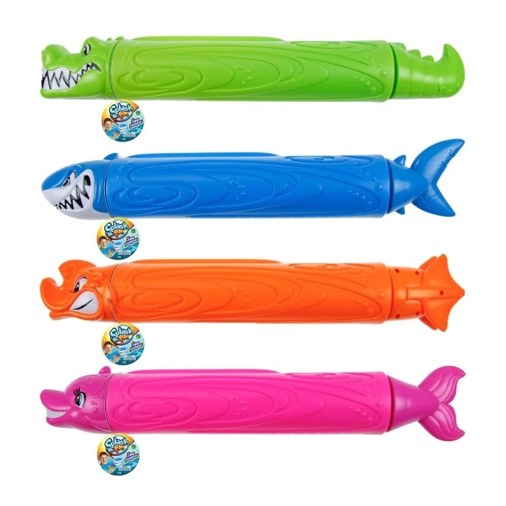 Water gun shaped like an underwater creature. One is a lime green crocodile, one is a blue shark, one is an orange angry fish and one is a pink dolphin.