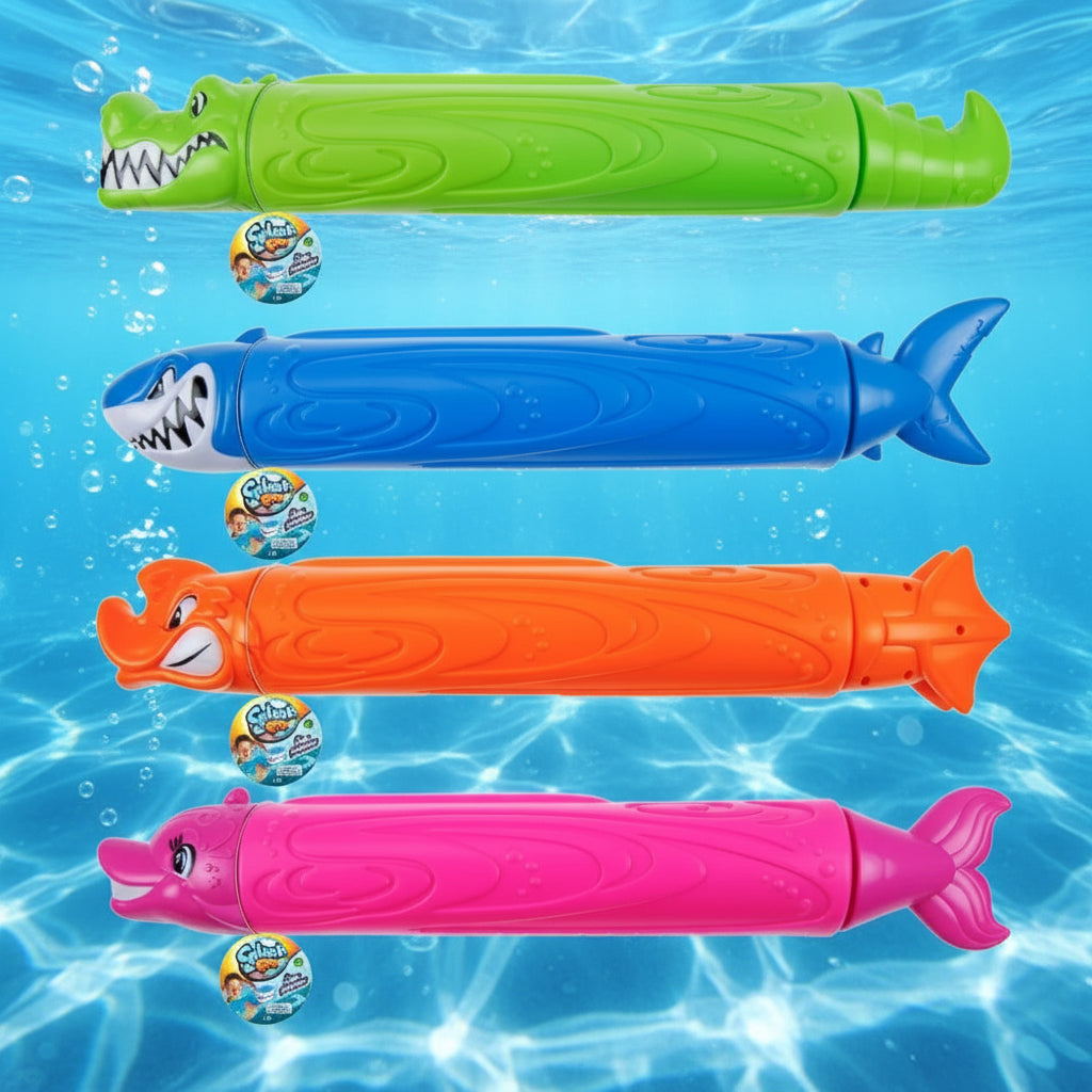Water gun shaped like an underwater creature. One is a lime green crocodile, one is a blue shark, one is an orange angry fish and one is a pink dolphin.