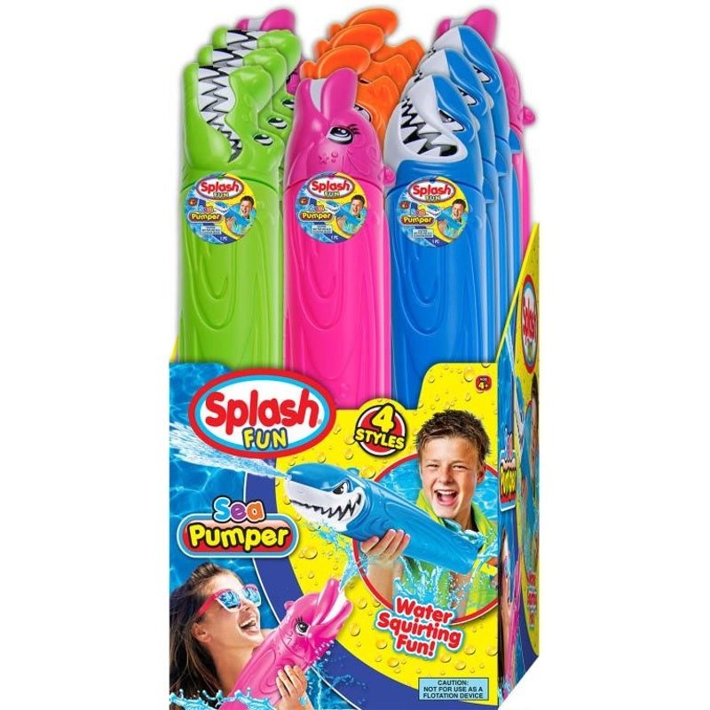 Water gun shaped like an underwater creature. One is a lime green crocodile, one is a blue shark, one is an orange angry fish and one is a pink dolphin.