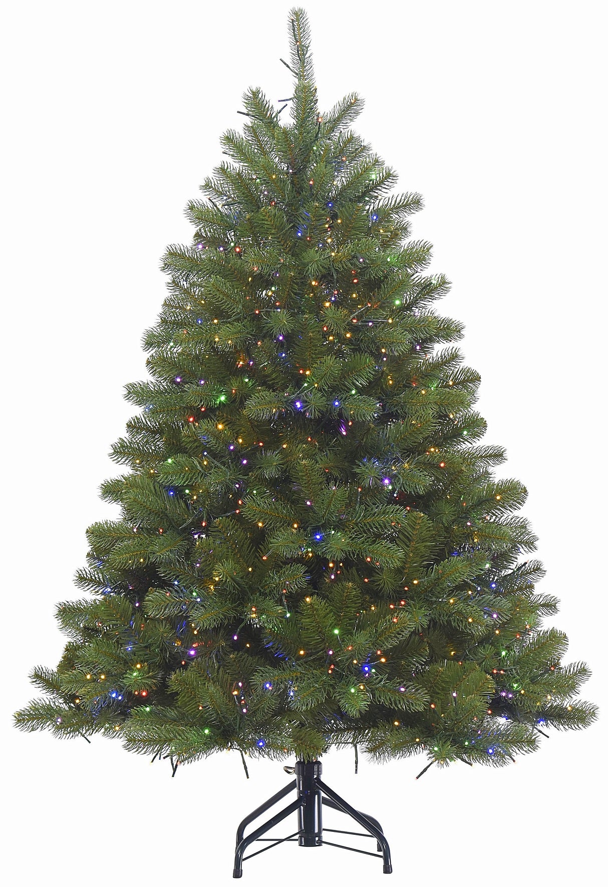 Artificial tree pre-lit with dual lights. Lights change from warm white to multi-colored.