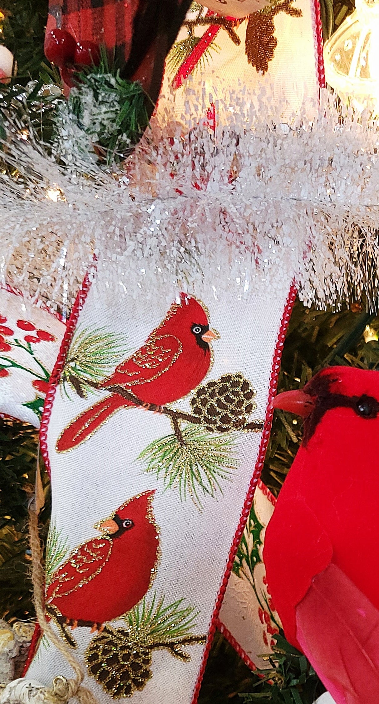 10 Yards of Cardinals on Branches Pongee Ribbon