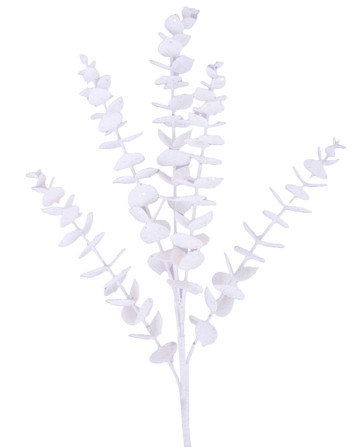 Pick spray designed to look like a eucalyptus stem with leaves. It's decorated with white glitter.