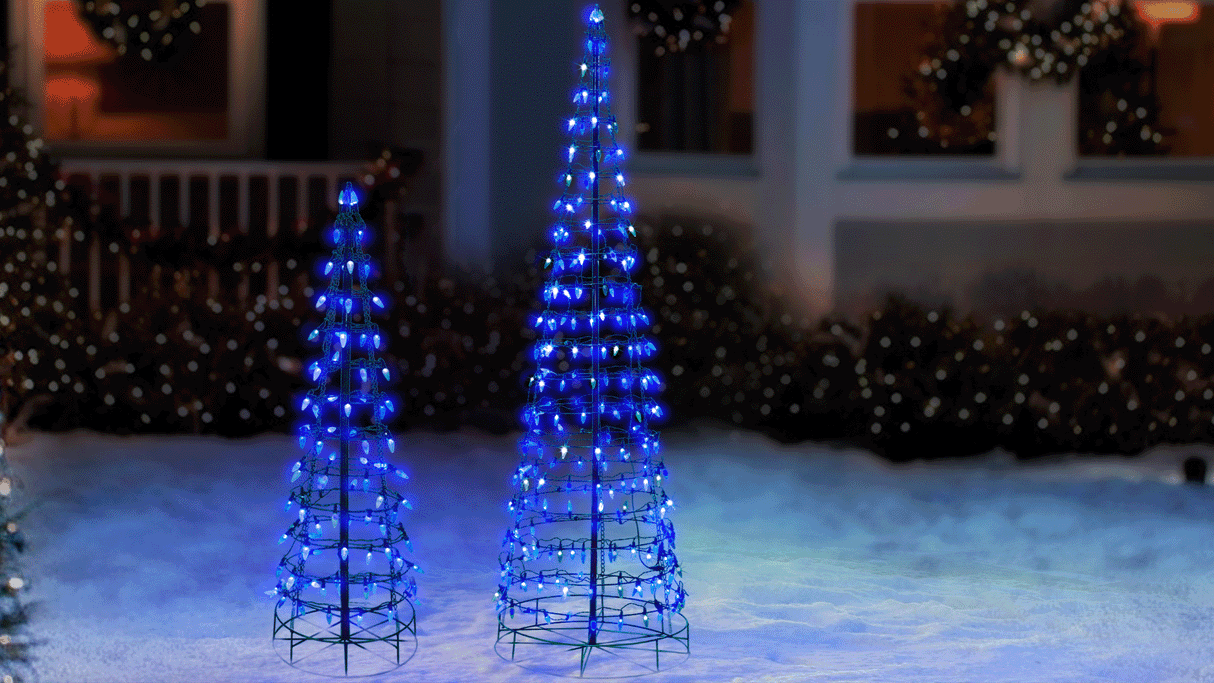 Set of 2 Wire Cone Trees with Blue Twinkling LED Lights