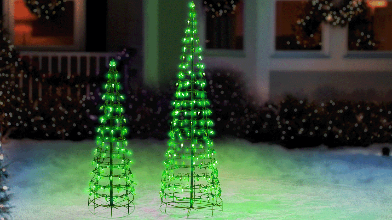 Set of 2 Wire Cone Trees with Green Twinkling LED Lights