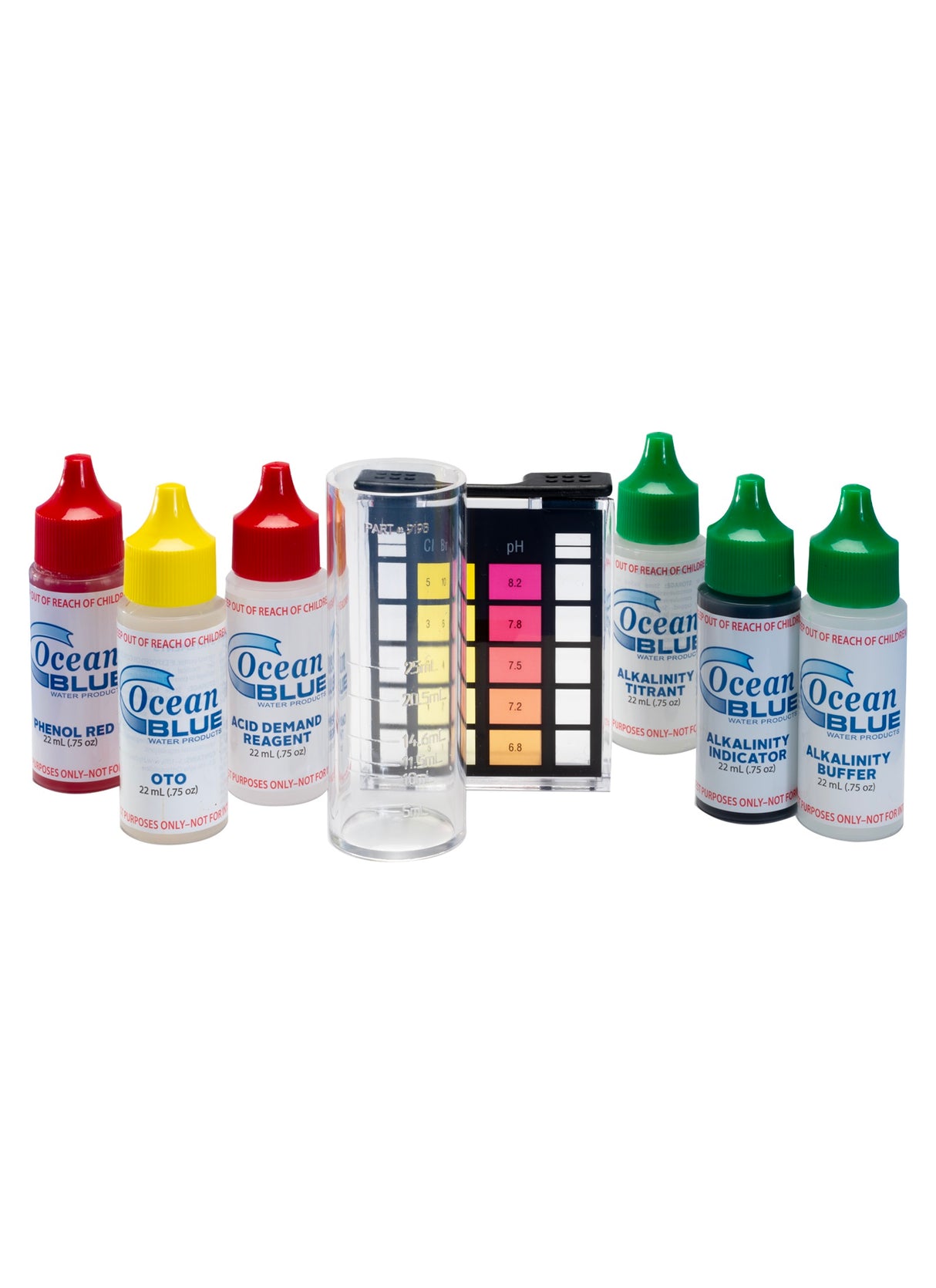 Pool and spa 5-way test kit. Measure pH, chlorine, bromine, alkalinity and acid demand.