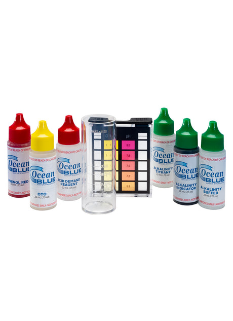 Pool and spa 5-way test kit. Measure pH, chlorine, bromine, alkalinity and acid demand.