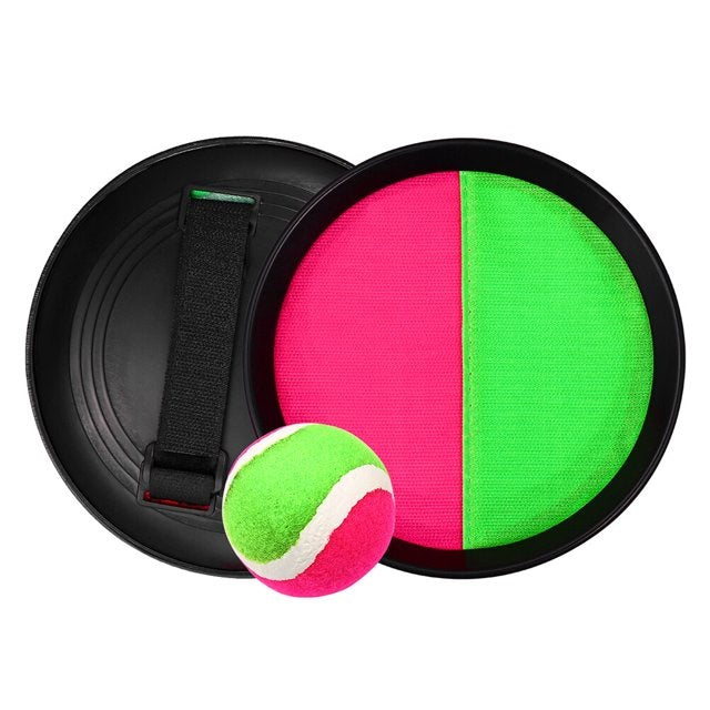 This image shows the Velcro paddles and the soft ball stuck to one of the paddles.