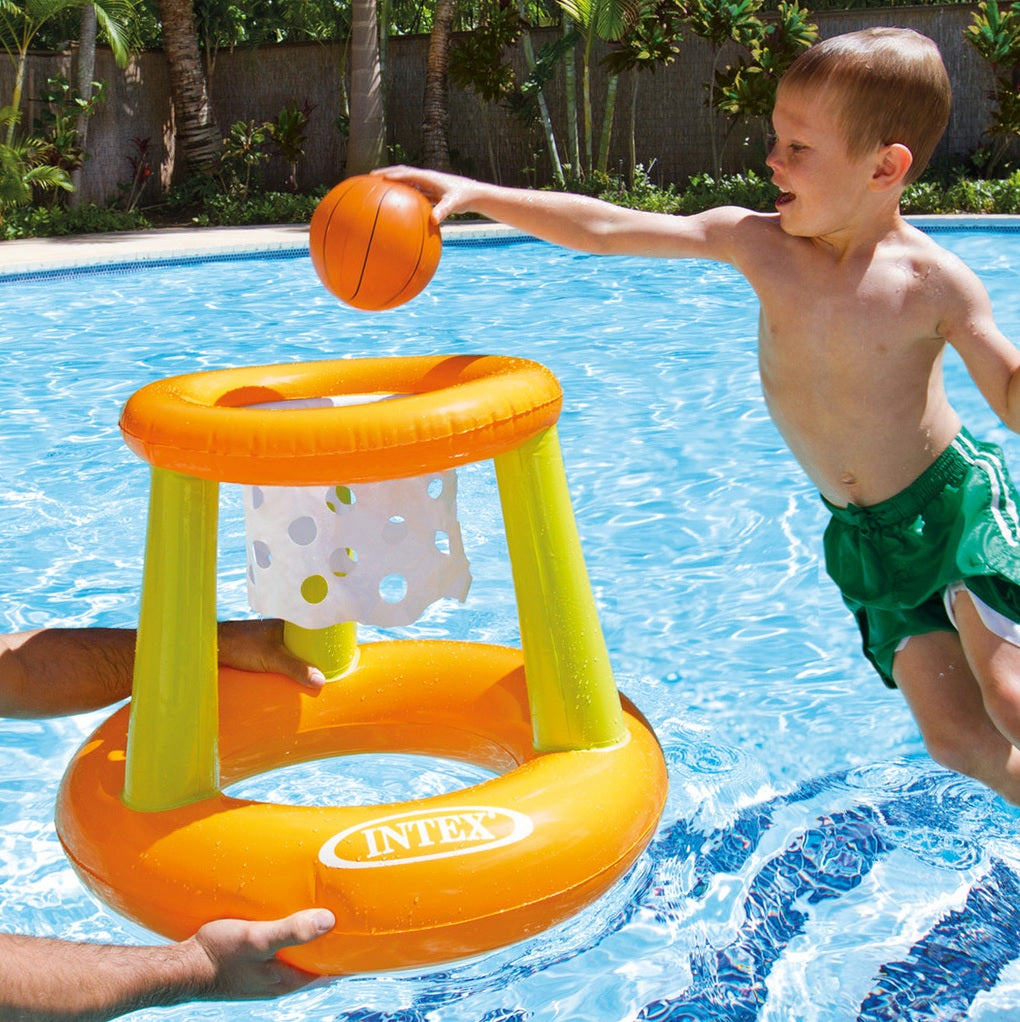 Yellow and orange floating basketball hoop.