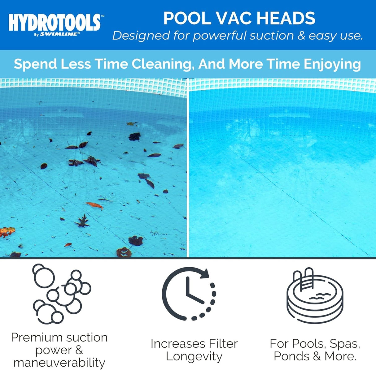 This pool vacuum head was designed for powerful suction and easy use. Spend less time cleaning and more time enjoying. This vacuum has premium suction power and maneuverability, increases filter longevity and was designed for use in pools, spas, ponds and more. This image shows a dirty pool surface on the left and a clean pool surface on the right.