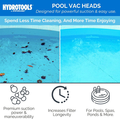 This pool vacuum head was designed for powerful suction and easy use. Spend less time cleaning and more time enjoying. This vacuum has premium suction power and maneuverability, increases filter longevity and was designed for use in pools, spas, ponds and more. This image shows a dirty pool surface on the left and a clean pool surface on the right.