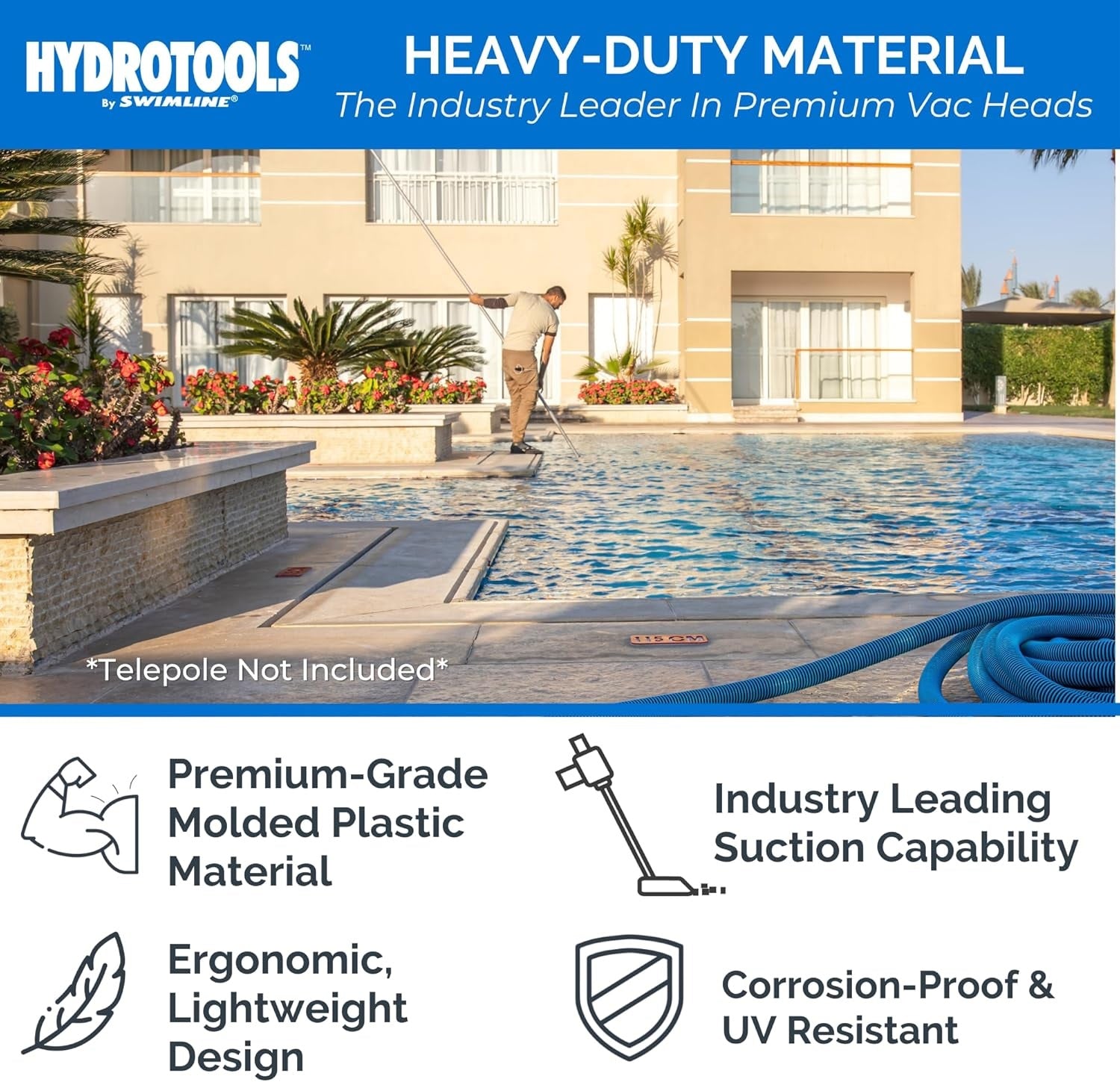 This vacuum head was made with heavy-duty materials and is the industry leader in premium vac heads. It's been made with premium-grade molded plastic material and has an ergonomic, lightweight design. It has industry leading suction capability and is corrosion-proof and UV-resistant.