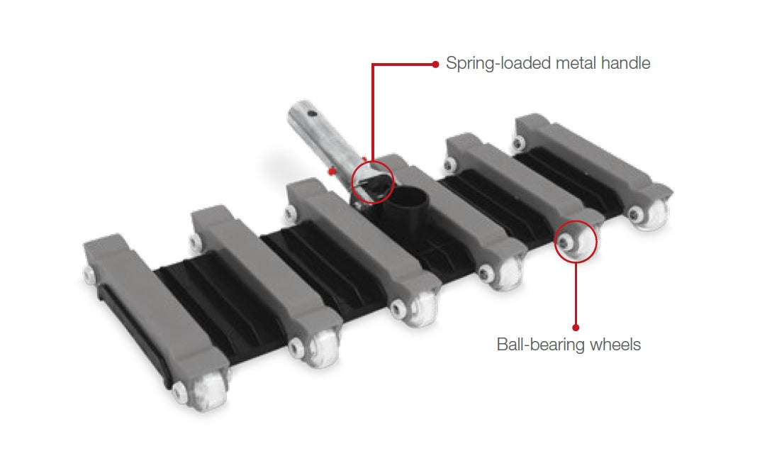 Pool vacuum head with wheels. The handle is silver, the head is black and gray and the wheels are white. This image points out where the spring-loaded metal handle is and the ball-bearing wheels.