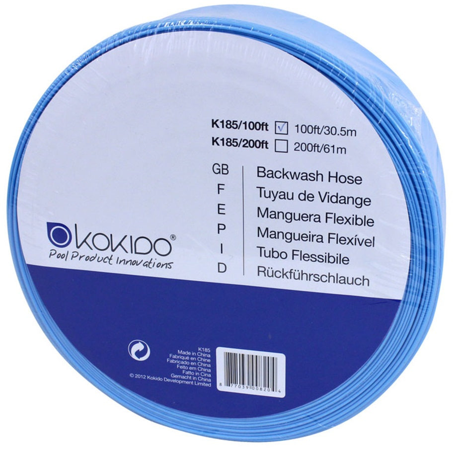 Blue PVC backwash hose measuring 1.5 inches by 50 feet.