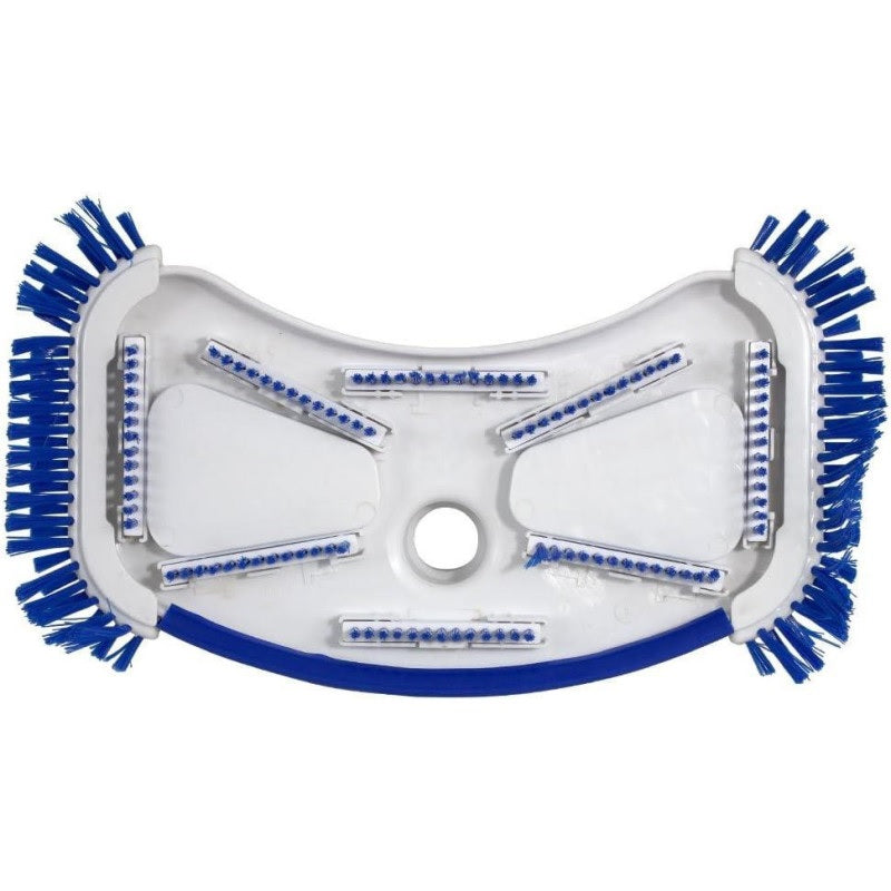 Weighted pool vacuum head with side bristles. The head is white, the protective bumper is blue and the bristles are blue. This image shows what the vacuum head looks like on the underside.