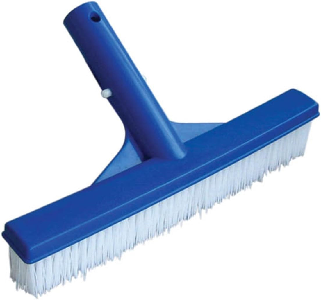 ABS molded pool brush. Head is blue and the bristles are white.