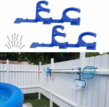 Hangers that get screwed into a fence to hold up your telescopic pool cleaning pole.