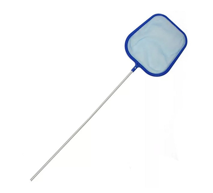 Pool skimmer. The border around the net is blue and the handle is silver. There's a 5 ft. pole included.