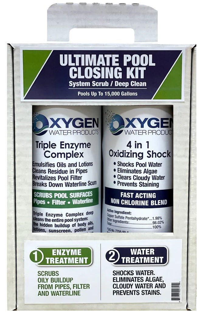 This image shows the box this specific pool closing kit comes in. It reads "ULTIMATE POOL CLOSING KIT. System scrub/deep clean." There are two bottles inside the box. One on the left reads "Triple Enzyme Complex." One on the right reads "4 in 1 Oxidizing Shock."