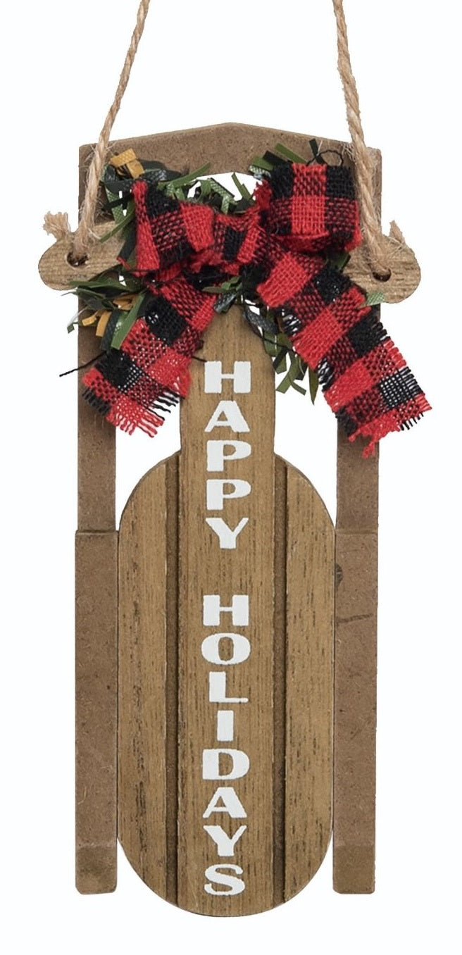 4.75" Wooden Plaid Christmas Sleigh Ornament