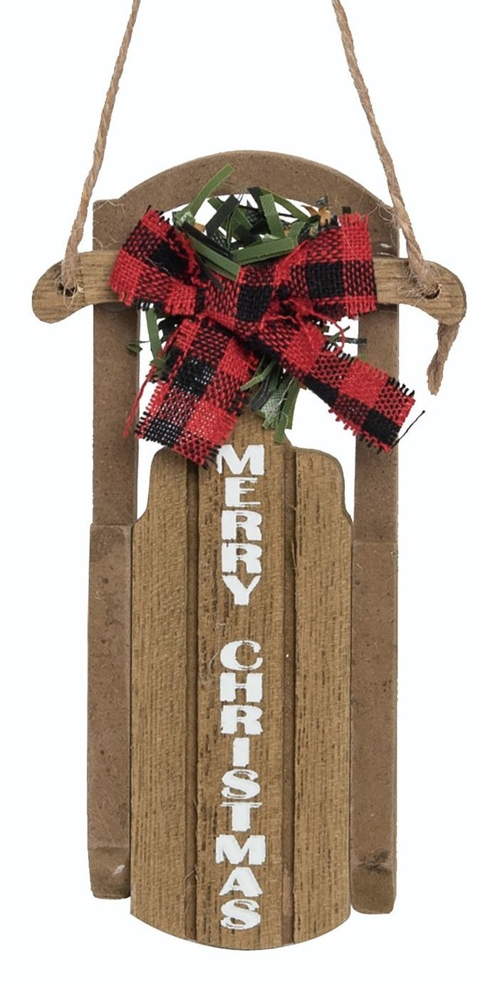 4.75" Wooden Plaid Christmas Sleigh Ornament