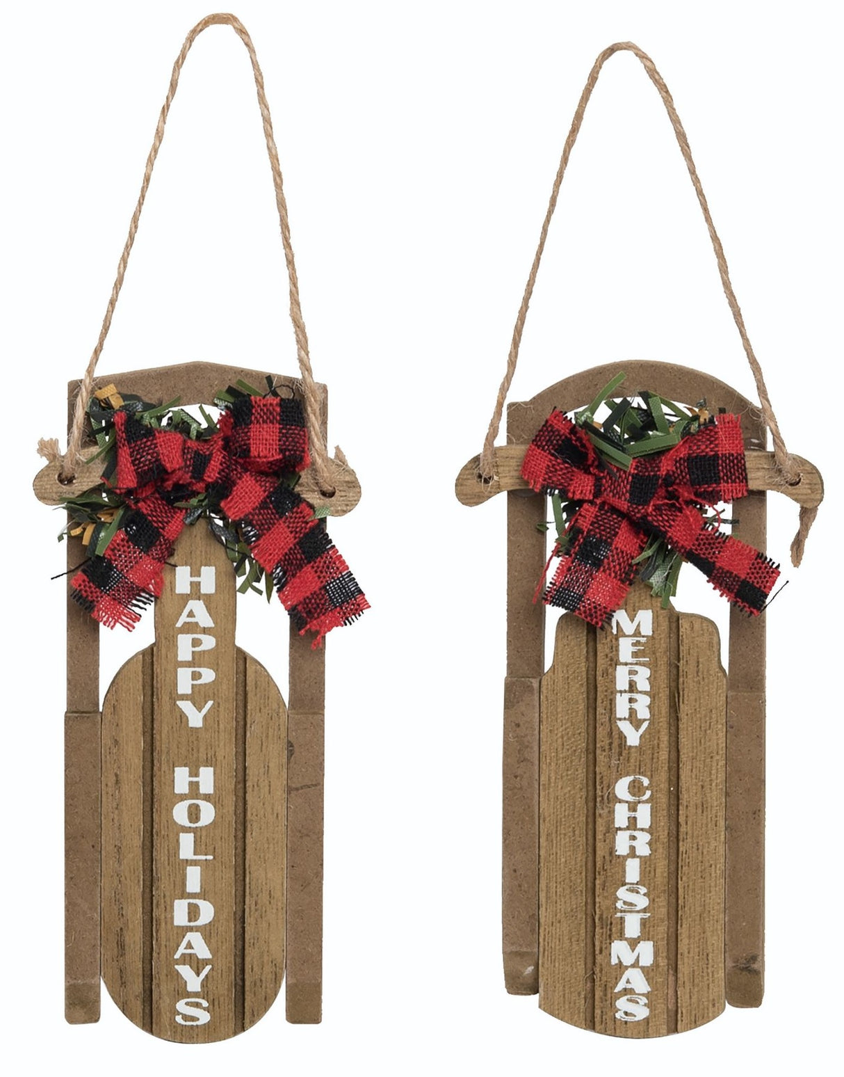 4.75" Wooden Plaid Christmas Sleigh Ornament